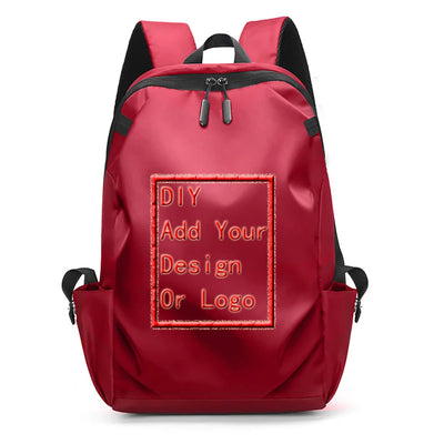 Customizable red backpack featuring a DIY design option for personalized logos and styles.