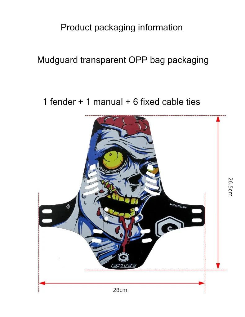 Reflective MTB bike mudguard in transparent packaging, includes fender, manual, and cable ties, dimensions 28cm x 26.5cm.