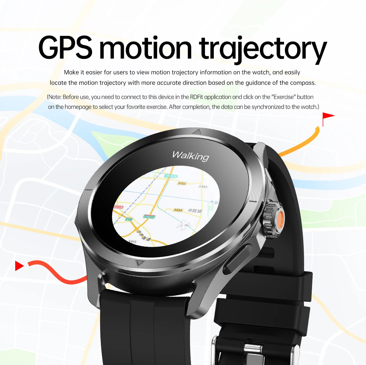 Xiaomi S4 Ultra Smartwatch displaying GPS motion trajectory feature for fitness tracking and navigation.