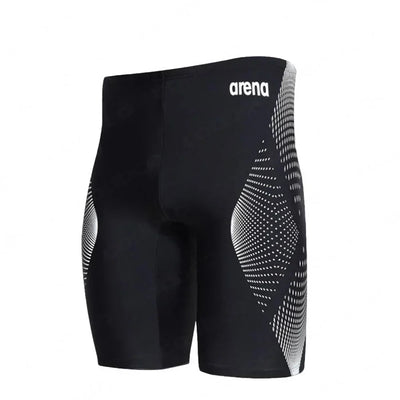 Men's black swim jammer with white designs, quick-dry material and UV protection for summer swimming.