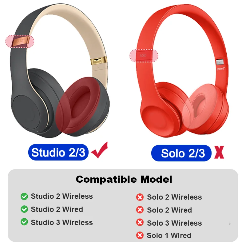 Comparison of wireless headphone models Studio 2/3 and Solo 2/3, highlighting compatibility and design features.
