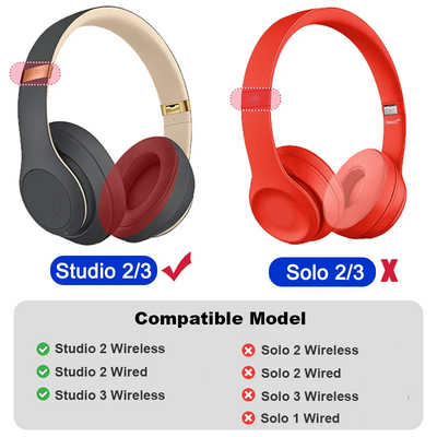 Comparison of wireless headphone models Studio 2/3 and Solo 2/3, highlighting compatibility and design features.