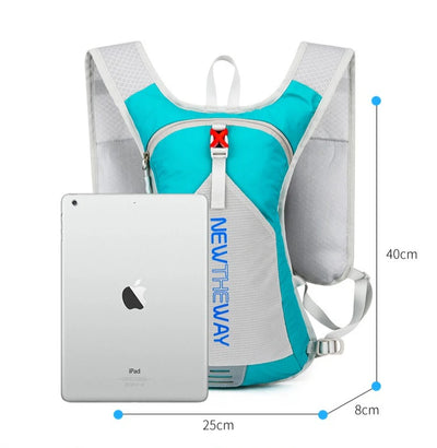 Ultralight waterproof hydration backpack in turquoise, designed for outdoor running and cycling, shown with an iPad for size reference.