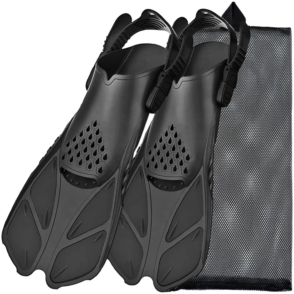 Adjustable snorkel fins with buckles, silicone swimming flippers for adults, packed in a mesh bag.