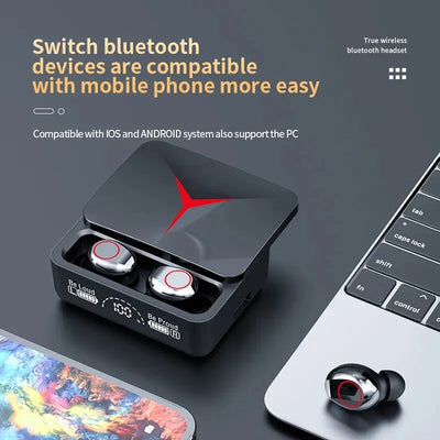 TWS wireless earbuds in charging case, showcasing easy Bluetooth connectivity with mobile devices and PC.