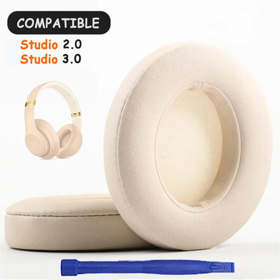 KUTOU replacement earpads for Beats Studio 2.0 and 3.0, showing compatible ear cushions and installation tool.