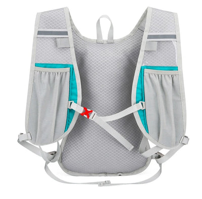 Ultralight waterproof hydration backpack with adjustable straps and mesh pockets, ideal for outdoor running and cycling.
