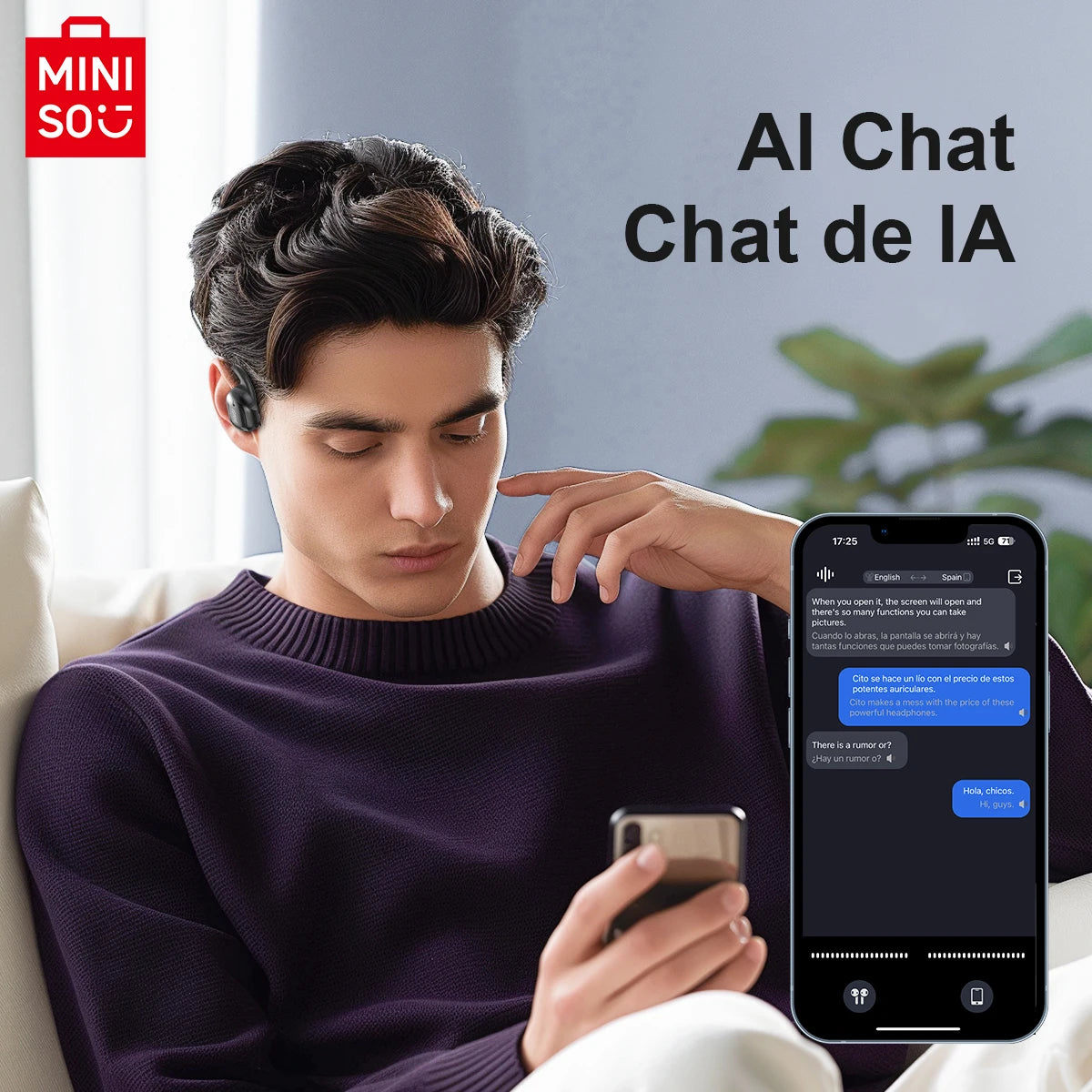 Young man using MINISO MS162 Bluetooth earbuds while chatting on smartphone, showcasing AI chat feature.