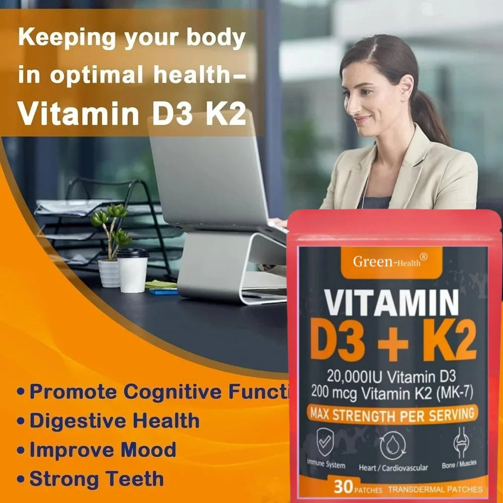 Vitamin D3 & K2 transdermal patches for strong bones, muscle support, and enhanced immune health.