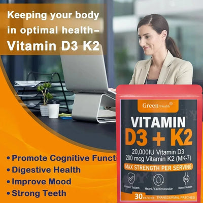 Vitamin D3 & K2 transdermal patches for strong bones, muscle support, and enhanced immune health.