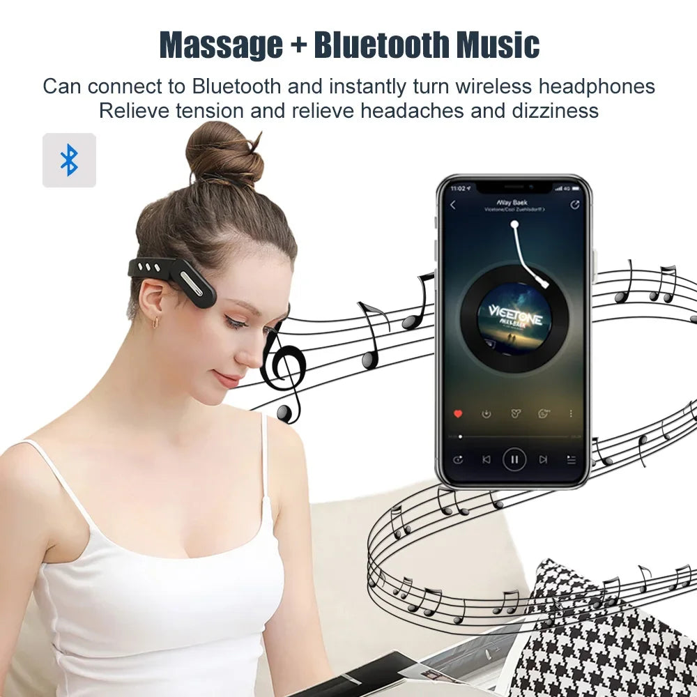 Woman using wireless head massager with Bluetooth music, promoting relaxation and headache relief.