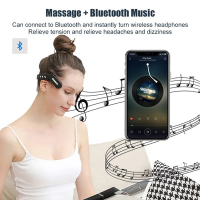 Woman using wireless head massager with Bluetooth music, promoting relaxation and headache relief.