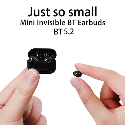 Mini invisible Bluetooth earbuds held in hand, showcasing compact design and charging case.