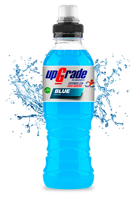 Benedetto Upgrade Blue isotonic sports drink in a bottle with water splashes, perfect for hydration during sports.