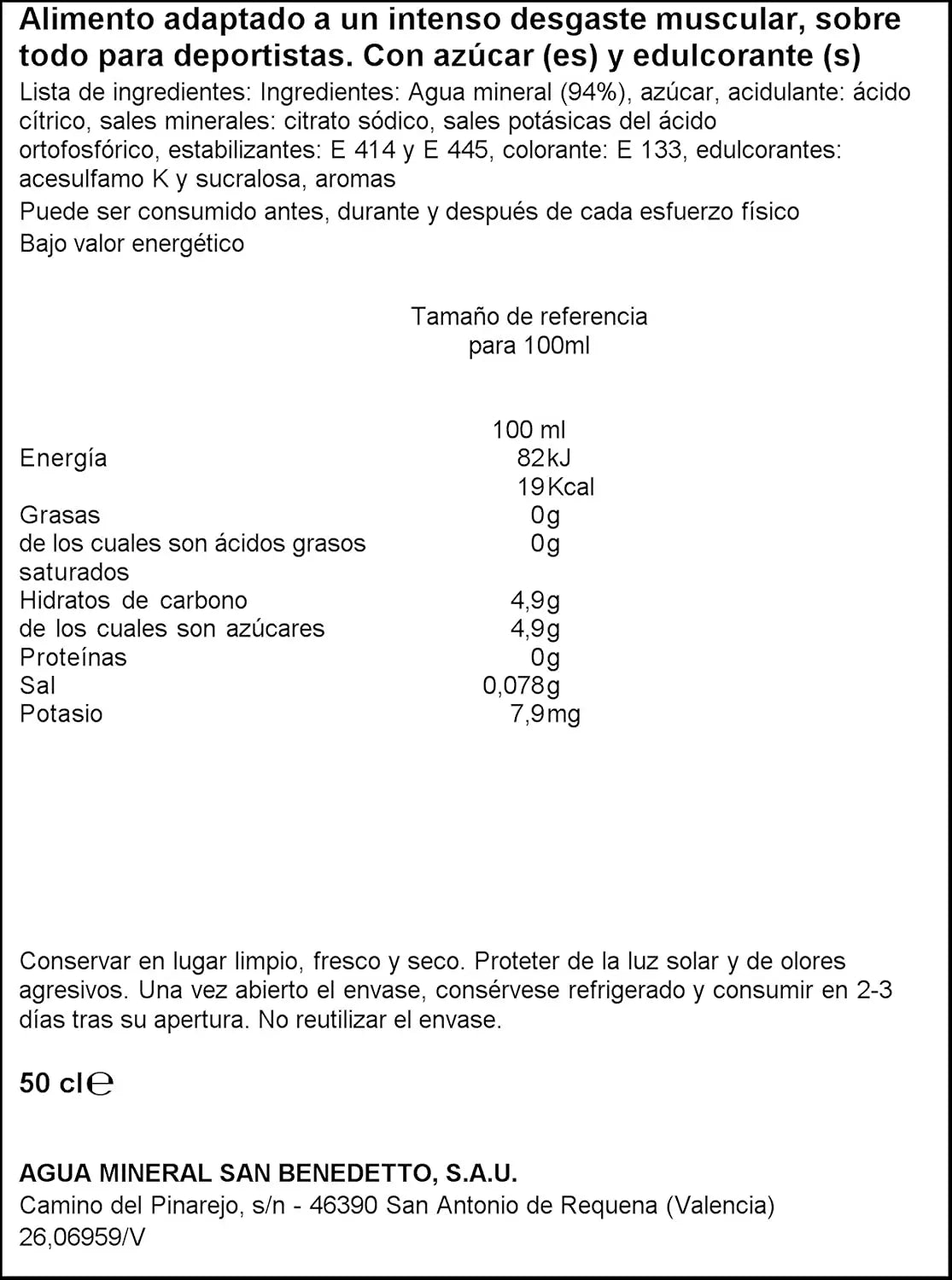 Nutritional information for Benedetto Upgrade Blue isotonic sports drink, detailing ingredients and energy content.
