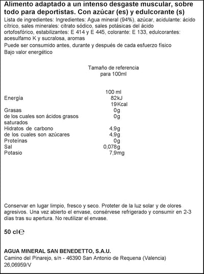 Nutritional information for Benedetto Upgrade Blue isotonic sports drink, detailing ingredients and energy content.