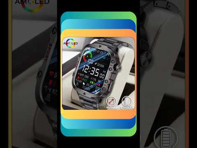 Military GPS smart watch on display, features flashlight, compass, and fitness tracking functions.